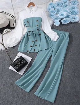 Conjunto de 2 piezas/set para niña adolescente con top de cuello con patchwork de tela, cinturón, doble botón y manga farol, y pantalones largos de - Shein - FashionsVida