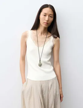 V-Neck Lace Detail Fitted Vest Top Cream female - Autograph - FashionsVida