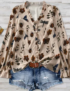 Camisa casual de vacaciones con estampado floral y mangas farol para mujer de talla grande, Blusa casual suelta de cuello en V con textura y volantes - Shein - FashionsVida