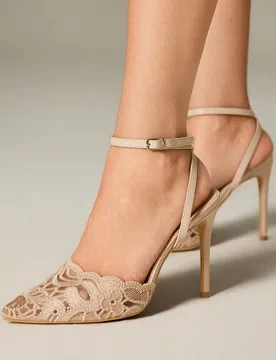 Sandalias de tacón alto para mujer con tira nude, tacón de aguja, punta fina, malla floral, estilo sexy y versátil, sandalias de verano EUR42 - Shein - FashionsVida