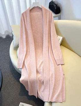 Cardigan de punto largo con abertura frontal para mujer, rosa pálido, casual para otoño y uso diario en casa S - Shein - FashionsVida