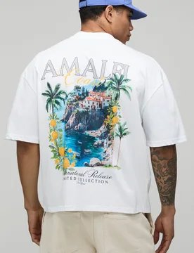 Mens White Oversized Boxy Amalfi Print T-Shirt Cotton - Size X-Large - boohooMAN - FashionsVida