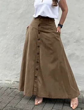 Falda elegante de mujer de unicolor, cintura alta, largo medio, con bolsillos y abertura delantera con botones, corte en A, adecuada para todas las es - Shein - FashionsVida