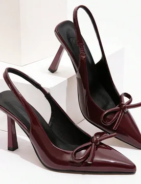 Zapatos de tacón alto con decoración de lazo burdeos y correa trasera para mujer, ideales para Año Nuevo y San Valentín - Shein - FashionsVida