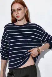 Womens Striped Ribbed Crew Neck Sweater - Navy - Size Large