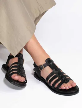 Leather Buckle Flat Gladiator Sandals Black female - Jones Bootmaker - FashionsVida