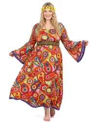 Hippie-Damenkostüm in Übergröße Flower-Power bunt