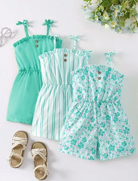 Conjunto de ropa para niñas jóvenes con mono corto sin mangas de poliéster a rayas con detalles fruncidos, blanco, verano, a juego, estampado flora - Shein - FashionsVida