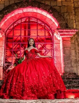 Red Quinceanera Dresses Off the Shoulder Glitter Crystal 3D Flower Decal Long tail Vestido De 15 Quinceanera Customize - Aliexpress - FashionsVida
