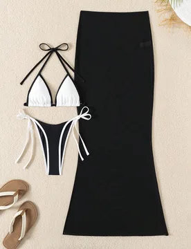 Set de 3 piezas Bikini para mujer sexy con top de triángulo micro estilo halter y Bottom de triángulo con atar a los lados y falda pareo larga L - Shein - FashionsVida