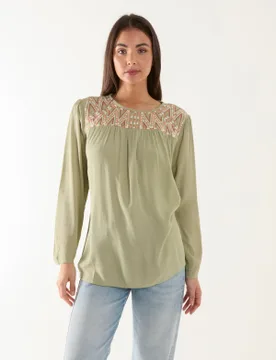 Embroidered Top - S / LIGHT KHAKI - female - Blue Vanilla - FashionsVida