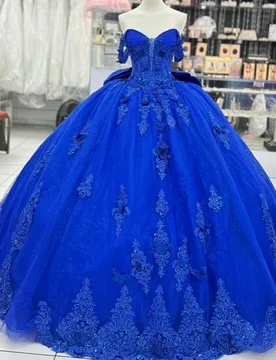 Royal Blue Quinceanera Dress off-shoulder Glitter 3D Flower Decal Long tail Bow vestidos de 15 Quinceanera ﻿Customized - Aliexpress - FashionsVida
