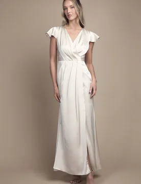 Women's Wrap Front Flutter Sleeve Maxi Bridesmaid Dress in Champagne Size: 12 - Champagne - Size: 12 - Coast - FashionsVida