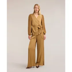 Pantalones de mujer palazzo en raso de viscosa ajuste ancho con banda elástica en la cintura