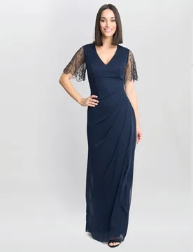Womens Josephine V Neck Maxi Dress With Embellished Sleeve - Navy - Size 20 Uk - Gina Bacconi - FashionsVida