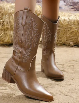 Nuevas botas vaqueras vintage para mujer, color marrón, punta puntiaguda, bordadas, tacón de bloque, de media pantorrilla con cierre de tira, suela - Shein - FashionsVida