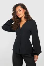 Womens Hammered Volume Sleeve Fitted Blouse - Black - Size 16 Uk