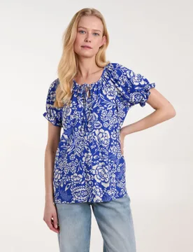 Shirred Sleeve Tie Front Top - S / BLUE - female - Blue Vanilla - FashionsVida