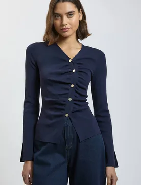 Women's Asymmetric Fastening Viscose Knit Cardigan Sweater in Navy Size: Small - Navy - Size: S - Karen millen - FashionsVida