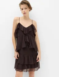 Chiffon V-Neck Ruffle Mini Cami Dress Chocolate female