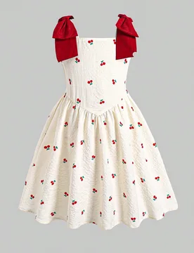 Vestido de tirantes jacquard 3D para niña, tela floral texturizada, diseño de cuello cuadrado, tirantes anchos con flores 3D y decoración de lazo, - Shein - FashionsVida
