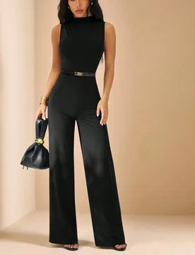 Mono elegante negro de verano para mujer, mono sin mangas con fruncido y pernera ancha, mono de color liso asimétrico para salidas casuales y fiestas - Shein - FashionsVida