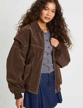 Womens Faux Suede Contrast Stitch Bomber Jacket - Dark Brown - Size 8 Uk - Boohoo - FashionsVida