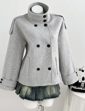 Abrigo de lana para mujer de estilo premium lazy, diseño clásico minimalista francés, gris, cuello alto elegante, doble botonadura, versátil para - Shein - FashionsVida