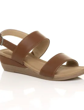 Women's Low Heel Strappy Slingback Faux Leather Wedges in Tan Size: 6 - Tan - Size: 6 - Ajvani - FashionsVida