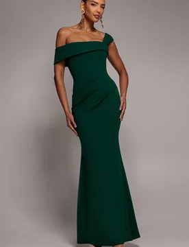 Women's Off The Shoulder Pleated Waist Maxi Dress in Emerald Size: 16 - Emerald - Size: 16 - Goddiva - FashionsVida