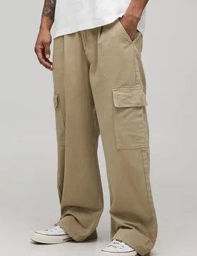 Herren Weite Passform Halb & Halb Bund Cargotasche Gewaschene Twill Hose Taupe Größe XS - boohooMAN - FashionsVida