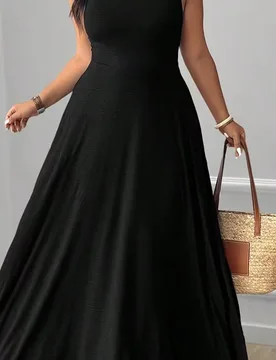 Vestido Maxi Elegante de Talla Grande para Mujer, unicolor, Cuello Redondo, Espalda con Lazo, Fruncido, Elástico & Lavable a Máquina, Adecuado para - Shein - FashionsVida