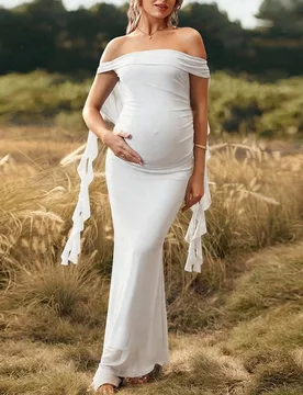 Vestido largo de maternidad de un solo color con hombros descubiertos y espalda descubierta para baby shower, fiesta de Navidad, fiesta elegante M - Shein - FashionsVida