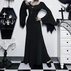Aesthetic Gothic Maxi Dress Halloween Costume Women Batwing Sleeve Dress Solid Gothic Outfit Goth Dark Elegant Vintage Vestidos