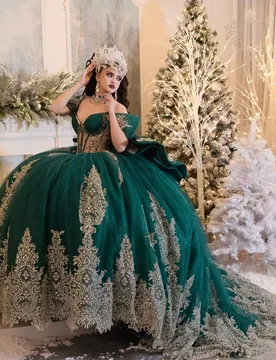Shiny Dark Green Quinceanera Dresses off-shoulder Sequin Decal Crystal Long tail Big Bow Vestido De 15 Quinceanera Customize - Aliexpress - FashionsVida