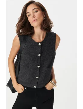 Chaqueta de punto de mujer sin mangas 100% lana - IKKS - FashionsVida