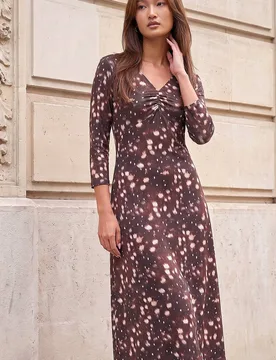 Women's V-Neck Deer Print Dress in Chocolate Size: 20 - Chocolate - Size: 20 - Roman - FashionsVida