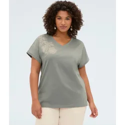 Camiseta de mujer de algodón con aplicación floral aplicaciones decorativas con motivo floral