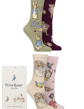 Women’s 4 Pair SOCKSHOP Beatrix Potter Peter Rabbit, Mr. Jeremy Fisher, Mrs. Tiggy-Winkle and Jemima Puddle-Duck Gift Boxed Socks Multi 4-8 Women's - Film & TV Characters - FashionsVida
