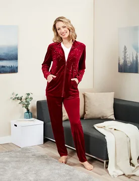 Hausanzug mit Glitzer bordeaux - 3Pagen - FashionsVida