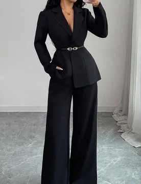 Conjunto de traje elegante de chaqueta de manga larga con cuello de solapa y pantalones para mujer, conjunto de blazer y pantalón, conjunto de 2 piez - Shein - FashionsVida