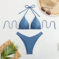 Bikini de dos piezas para mujer de verano para playa, unicolor, con cuello halter y lazo delantero, sexy, azul XS