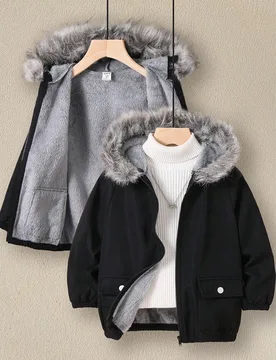 Pieza Abrigo acolchado de manga larga con capucha negro casual para niños pequeños, cómodo y lindo para otoño e invierno, ropa de abrigo para sali - Shein - FashionsVida