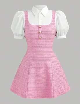 Vestido corto de manga corta con cuello sólido blanco, parche de tweed rosa y diseño a cuadros elegante para niñas preadolescentes, adecuado para u - Shein - FashionsVida