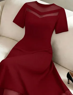 Vestido de línea A de manga corta con patchwork de malla, elegante y de alta gama para mujer de talla grande, rojo, para boda, fiesta y eventos forma - Shein - FashionsVida