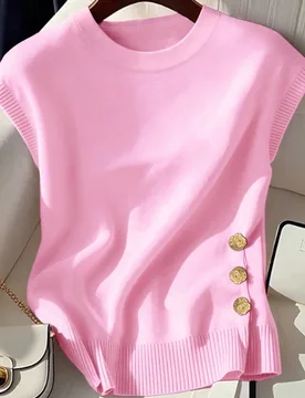 Camiseta casual de mujer talla grande de unicolor con cuello redondo y botones metálicos en las mangas cortas 2XL - Shein - FashionsVida