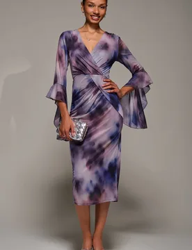 Women's Ruffle Sleeve Ruched Mesh Bodycon Dress in Purple Size: 18 - Purple - Size: 18 - Jolie Moi - FashionsVida