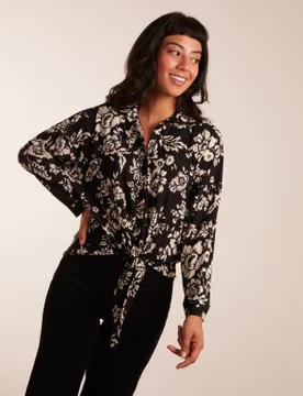 Womens Tie Front Oversized Shirt - Black - Size Small - Blue Vanilla - FashionsVida