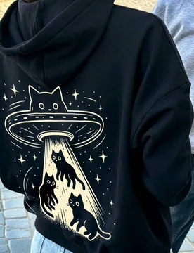 Sudadera Vintage con Estampado de Gato Negro y Platillo Volador OVNI para Mujer, Top Casual Holgado Versátil de Estilo Callejero Americano para Otoñ - Shein - FashionsVida