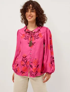 Floral Tie Neck Blouson Sleeve Blouse Pink Mix female - Monsoon - FashionsVida